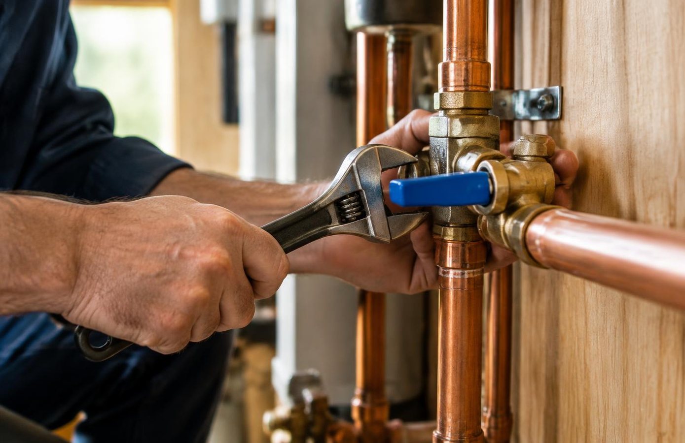 Technician tightening a copper plumbing valve